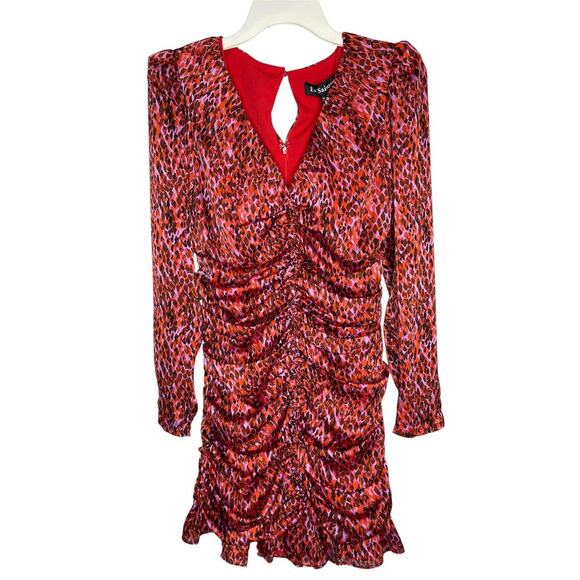 En Saison Razzalind Mini Dress size M NWT Ruched Raspberry Leopard Long sleeve - Picture 8 of 11